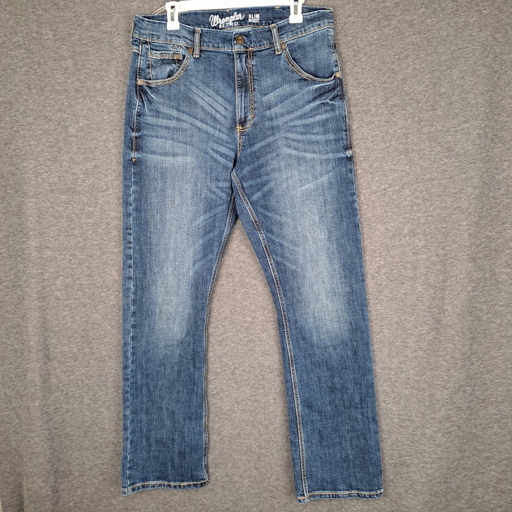 Wrangler Retro Slim Boot Jeans Men 34x34 Blue Stretch Denim 10WLT77LY